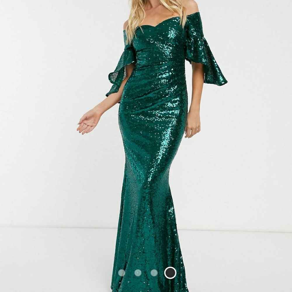 ASOS Dark Green Sequin Bardot Gown